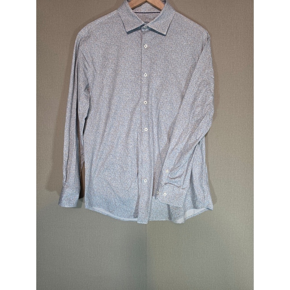 Bugatchi Mens 8 Way Stretch Long Sleeve Button Down Ditsy Floral Shirt Blue L